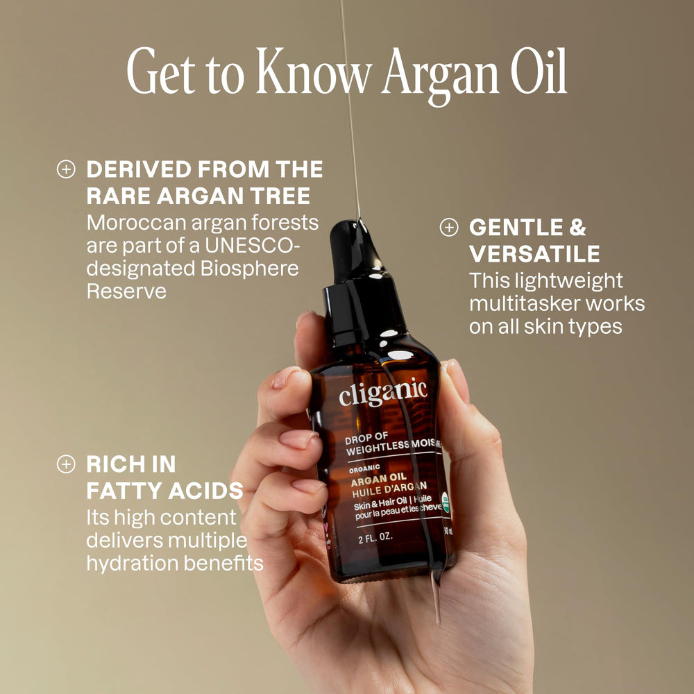 Cliganic Aceite de Argán Orgánico para cabello, aporta brillo suave y control.