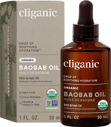 Cliganic Aceite de Baobab en envase visible para piel hidratada.