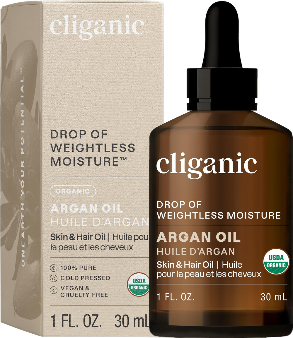 Cliganic Aceite de Argán Orgánico, botella, nutre cabello y piel con absorción suave.