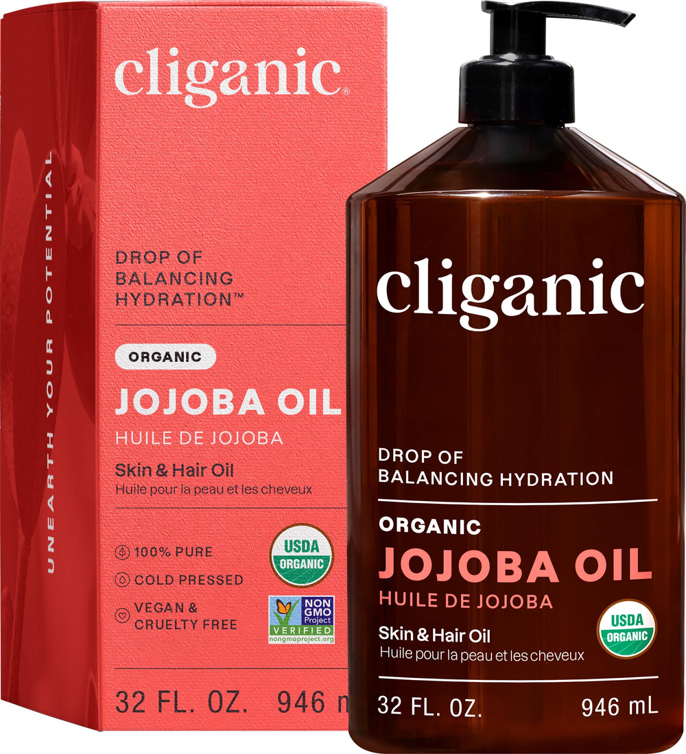 Cliganic Aceite de Jojoba Orgánico 32 oz: uso versátil para cabello y piel suave.