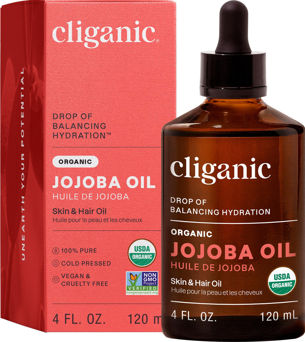 Cliganic Aceite de Jojoba Orgánico 4oz frente del producto: hidratación suave para la piel.