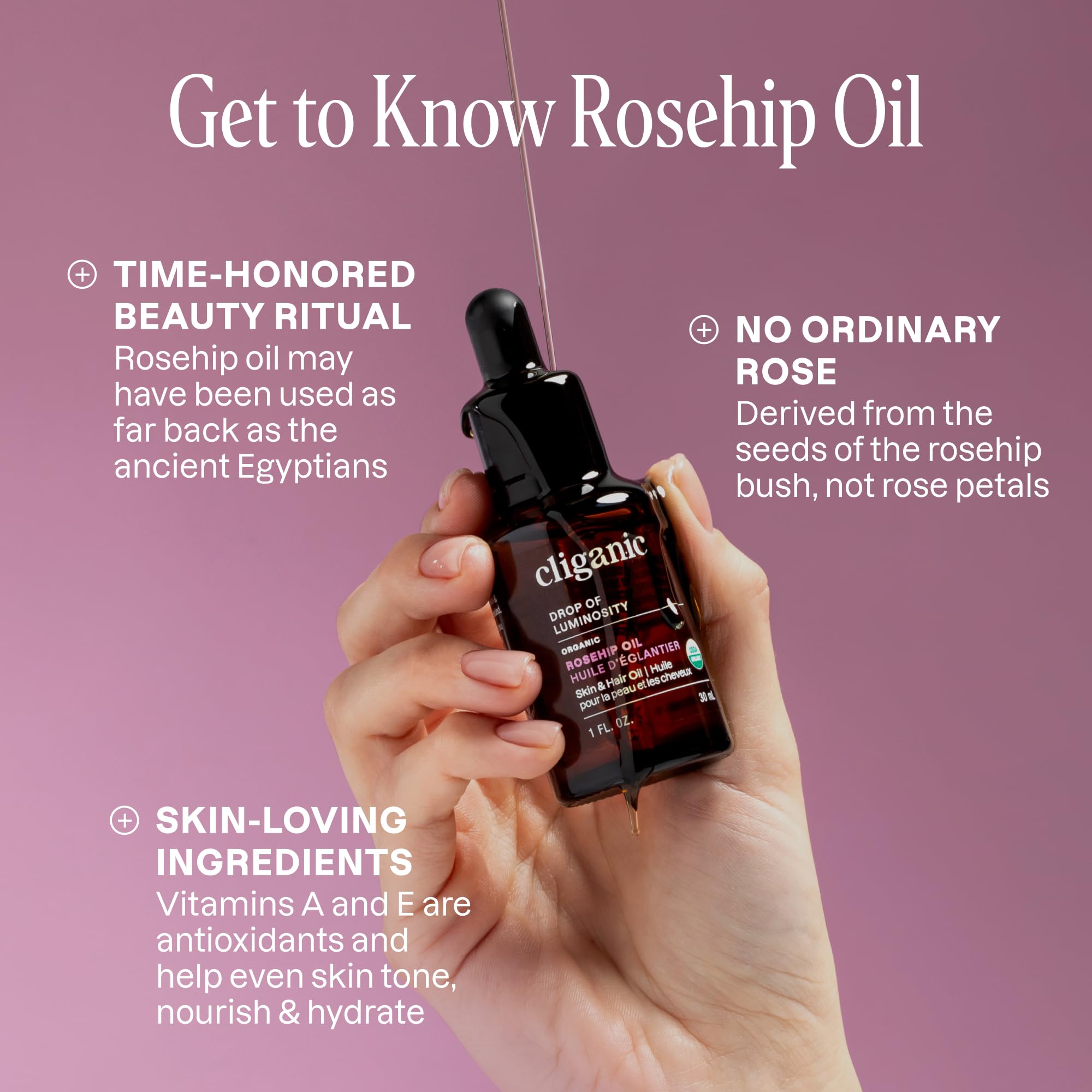 Cliganic aceite de rosa mosqueta para el cabello, aporta brillo