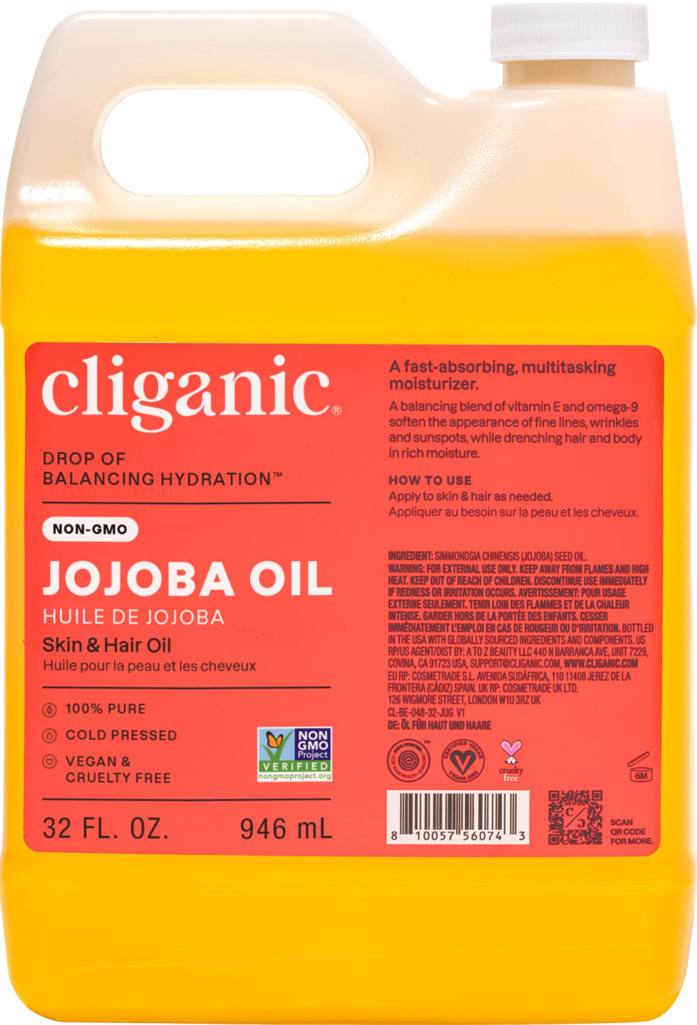 Cliganic Aceite de Jojoba, botella 32oz, excelente para piel y cabello.