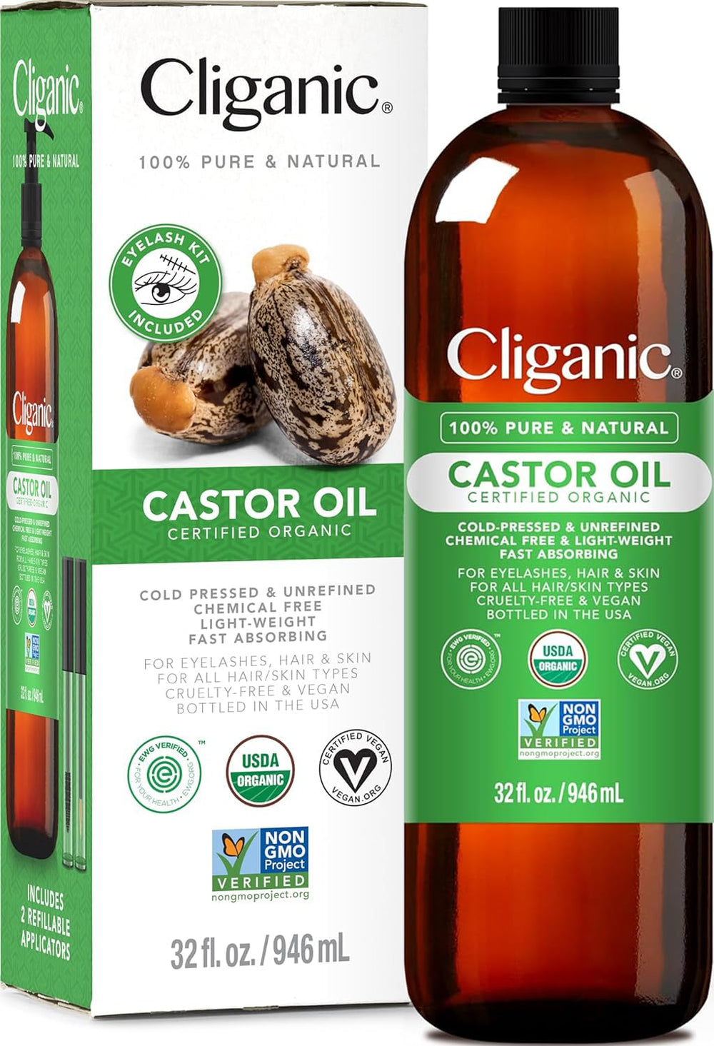 Cliganic Aceite de ricino orgánico en frasco 32 oz para cabello y piel.