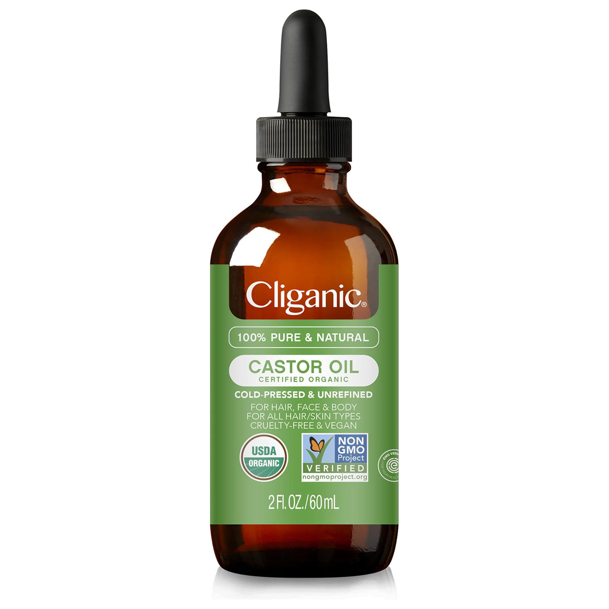 Cliganic aceite de ricino orgánico en frasco de vidrio para pestañas y cejas.