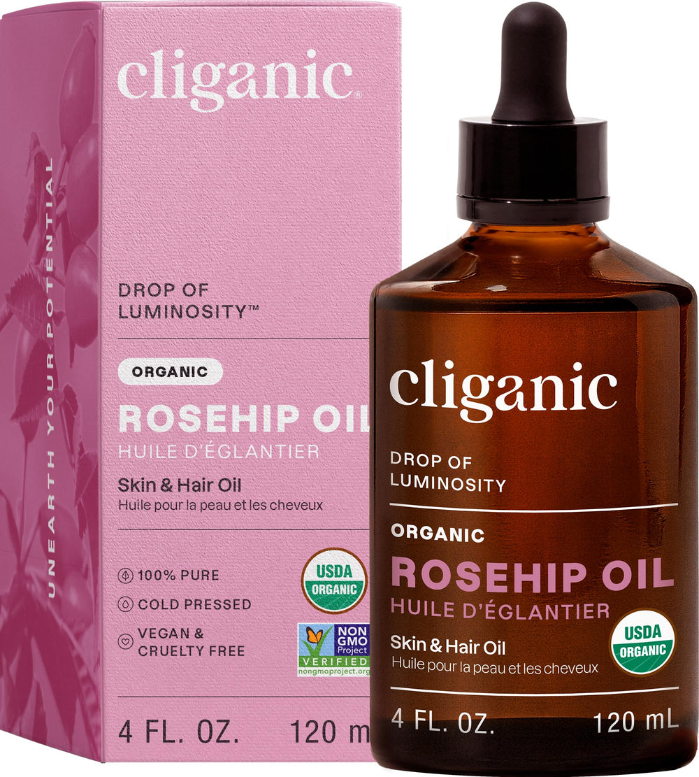Cliganic Aceite de rosa mosqueta botella, cuidado facial suave y nutritivo.