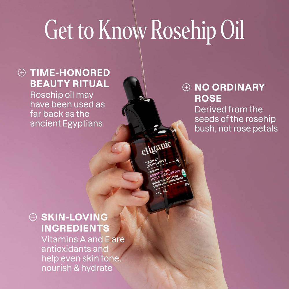 Cliganic Aceite de rosa mosqueta rostro, hidrata y suaviza naturalmente.