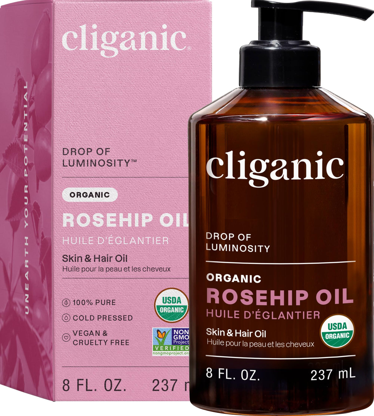 Cliganic Aceite rosa mosqueta rostro para hidratación suave y natural.