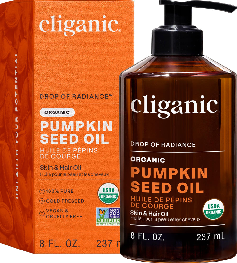 Cliganic Aceite de Semilla de Calabaza, botella vertiendo, para cuidado facial y capilar suave.