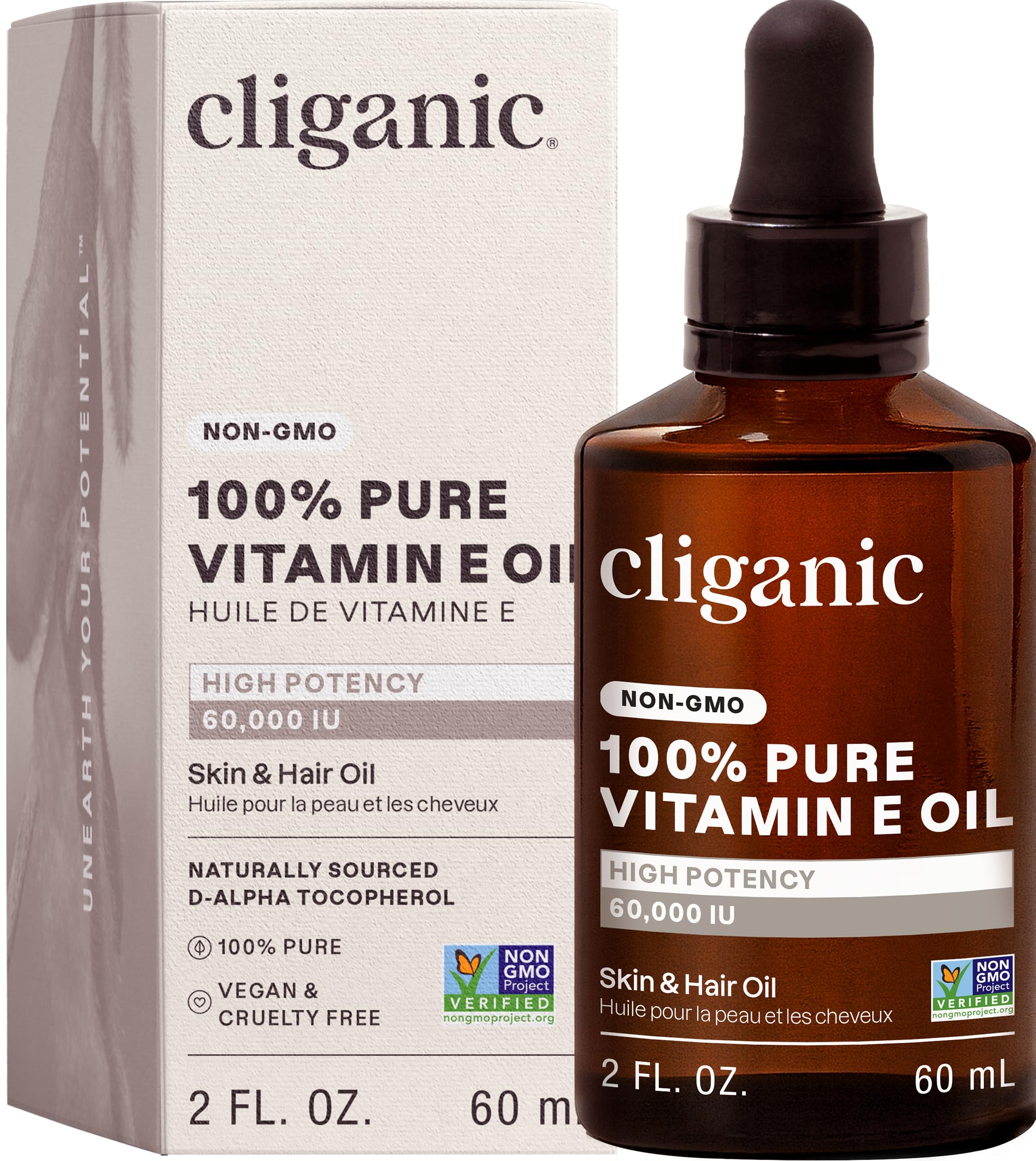 Cliganic Aceite de vitamina E, frasco de 60,000 UI para hidratación diaria de la piel.