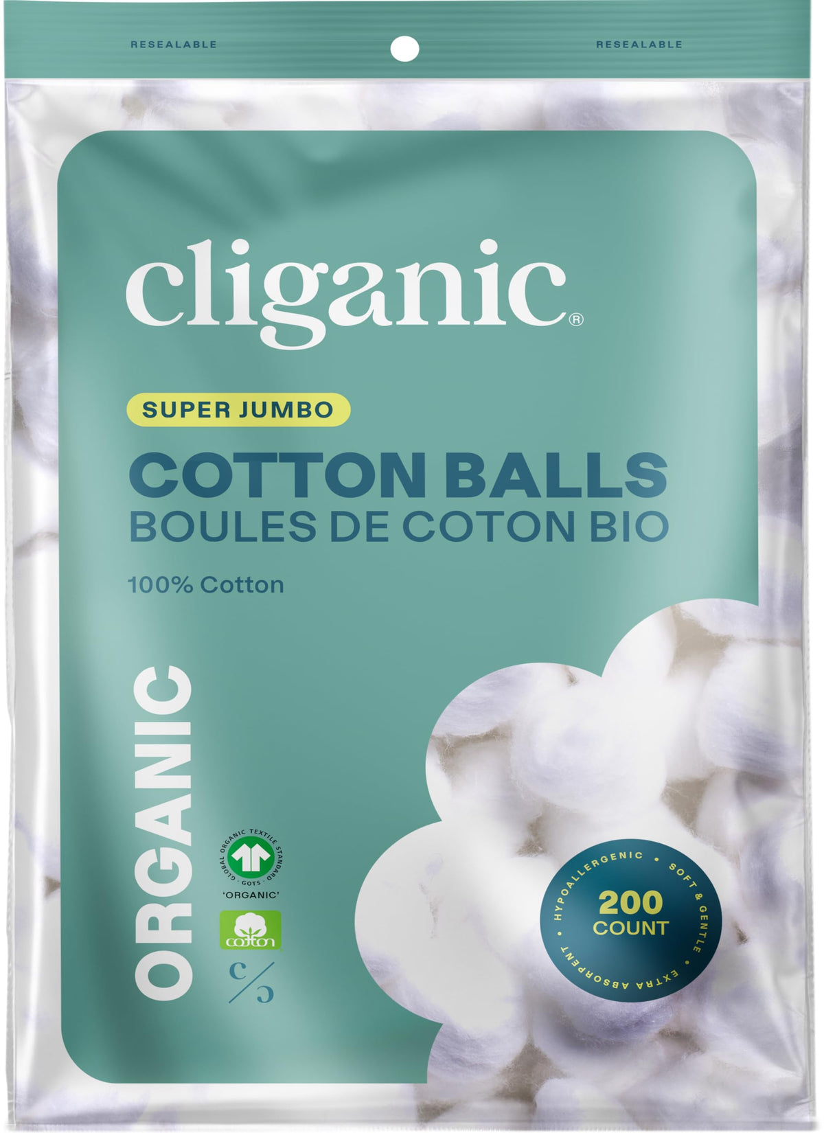 Cliganic Algodones orgánicos Super Jumbo, 200 cuentas para limpieza facial suave