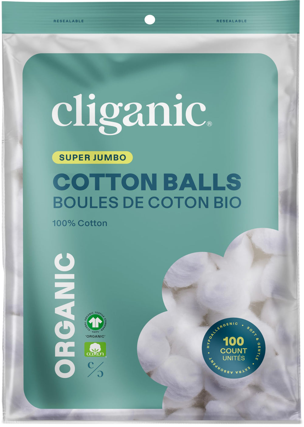Cliganic algodones orgánicos super jumbo, empaque práctico para retoques diarios