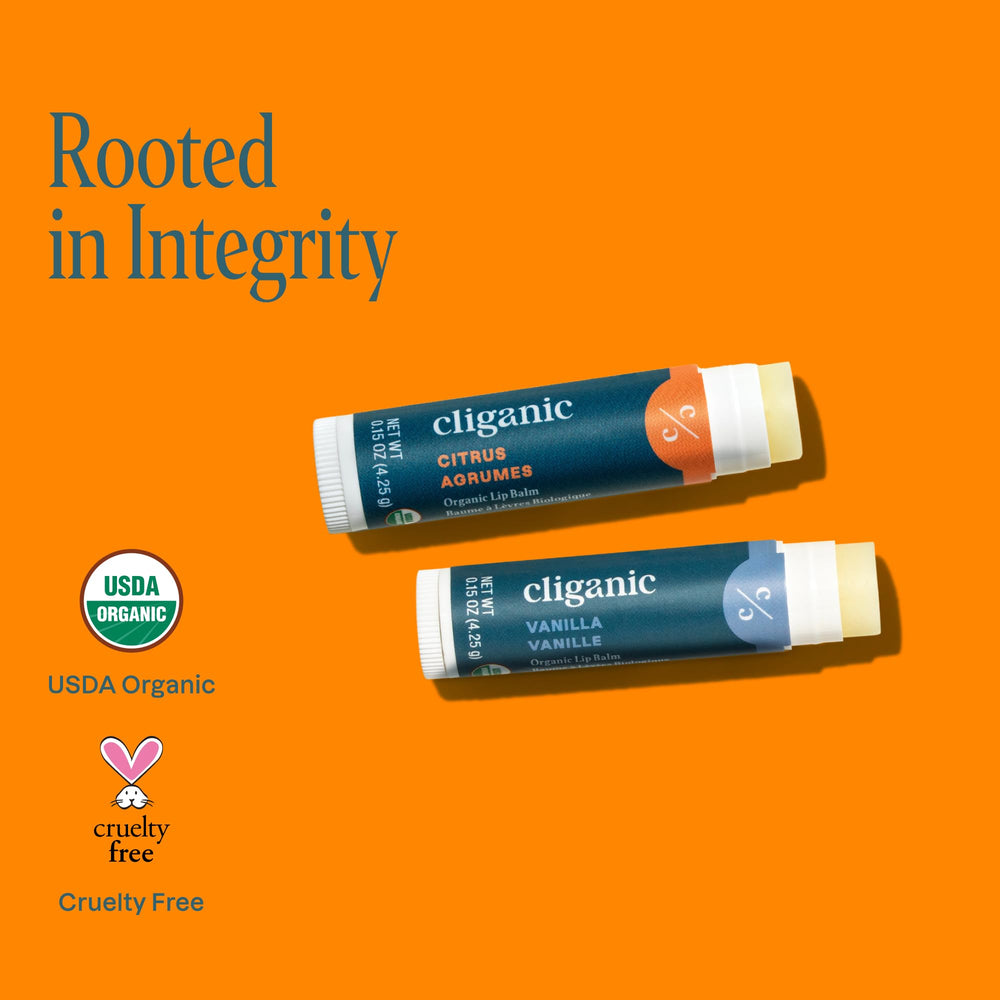 Cliganic bálsamo labial orgánico Naranja, contenido en dos tubos para recarga diaria.