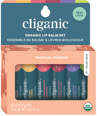 Bálsamo labial Cliganic set de 6 sabores tropicales para hidratación suave y duradera.