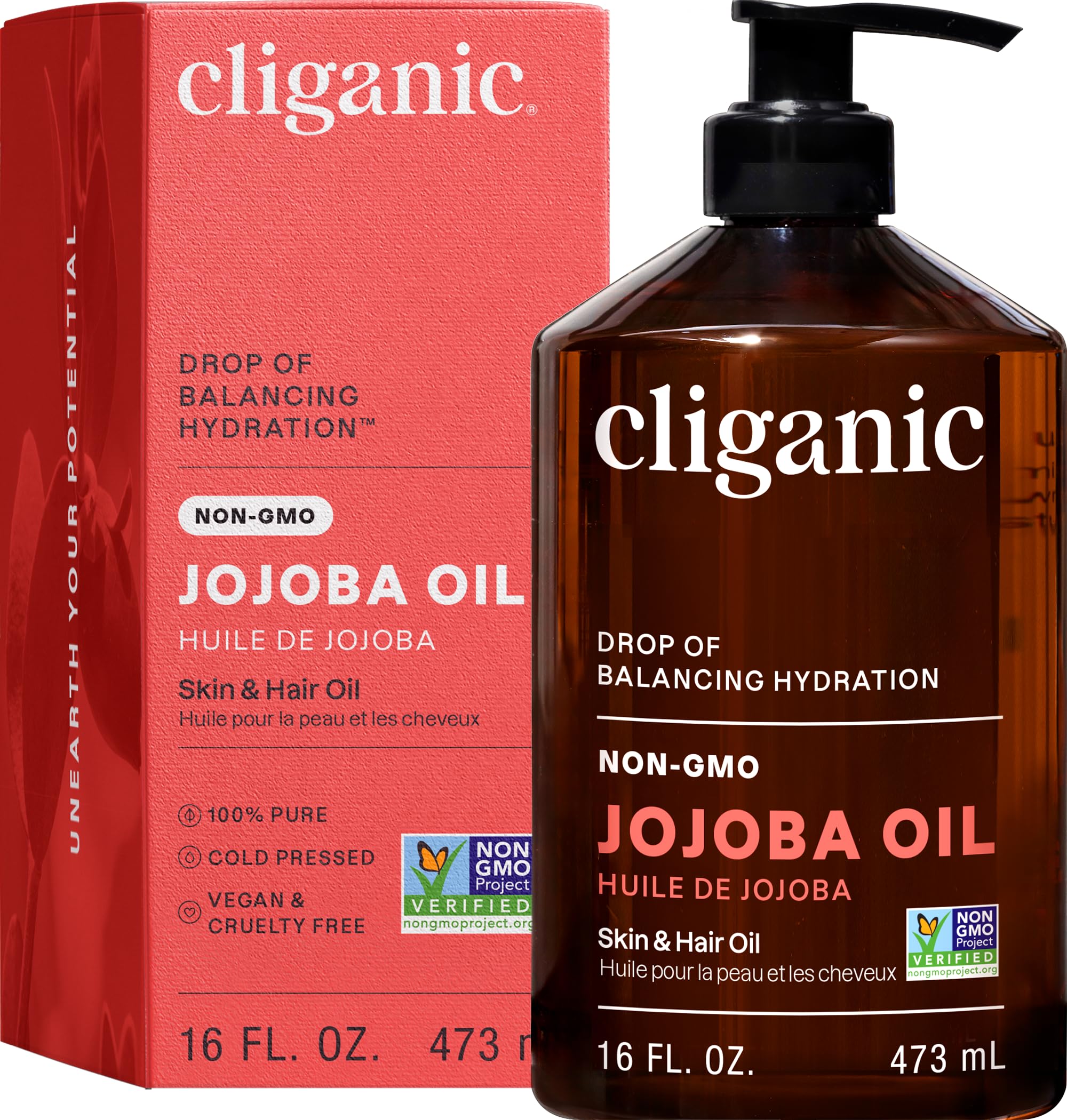 Cliganic huile jojoba 473 ml pompe : hydratation rapide visage et cheveux.