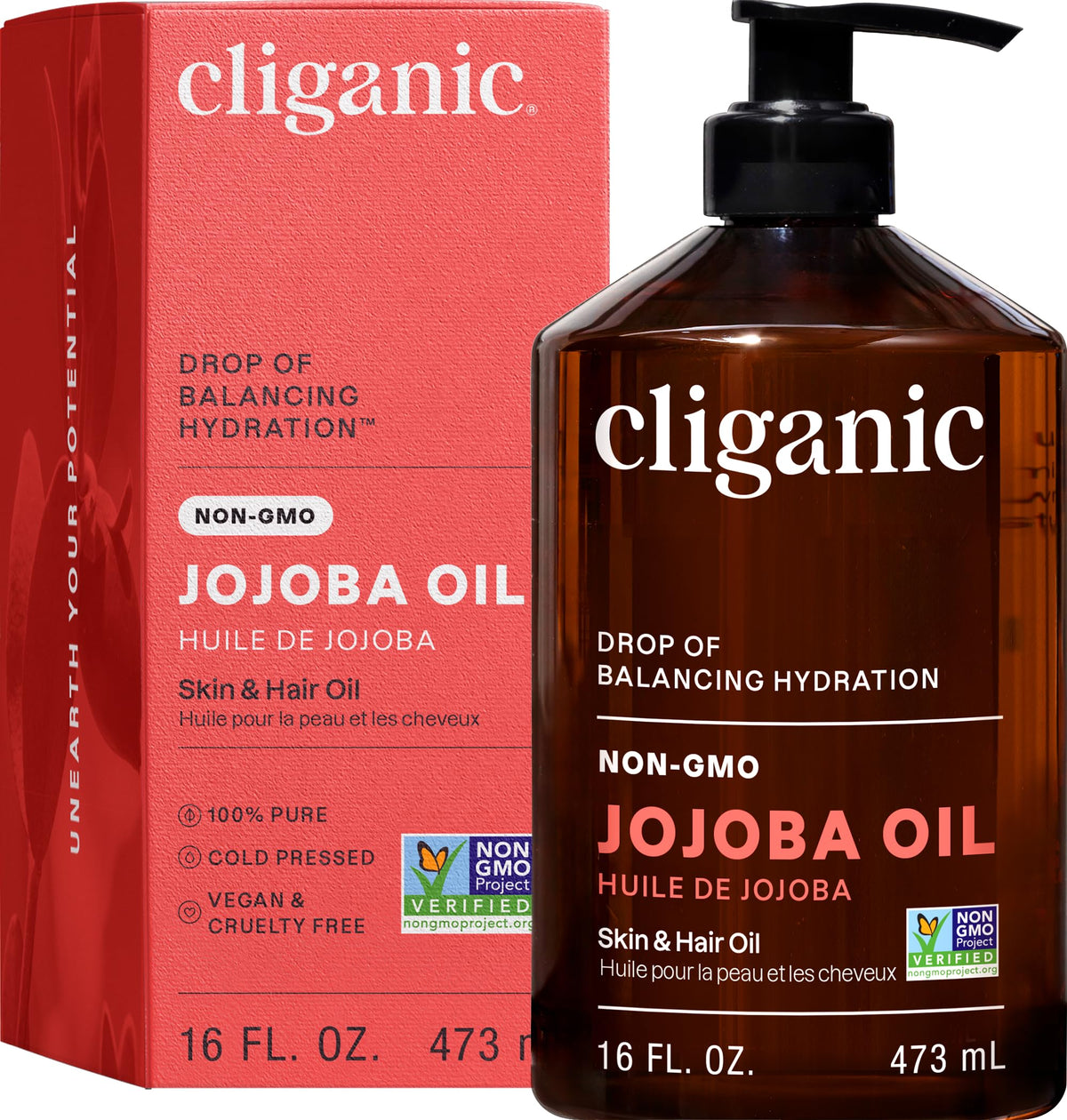 Cliganic huile jojoba 473 ml pompe : hydratation rapide visage et cheveux.
