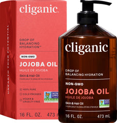 Cliganic huile jojoba 473 ml pompe : hydratation rapide visage et cheveux.
