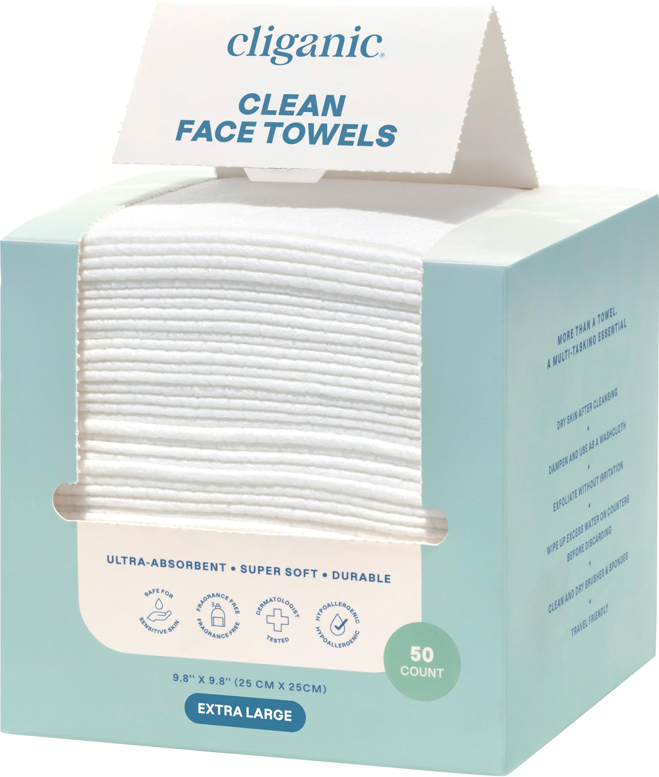 Cliganic toallitas faciales XL desmaquillantes, suaves y desechables para piel sensible.