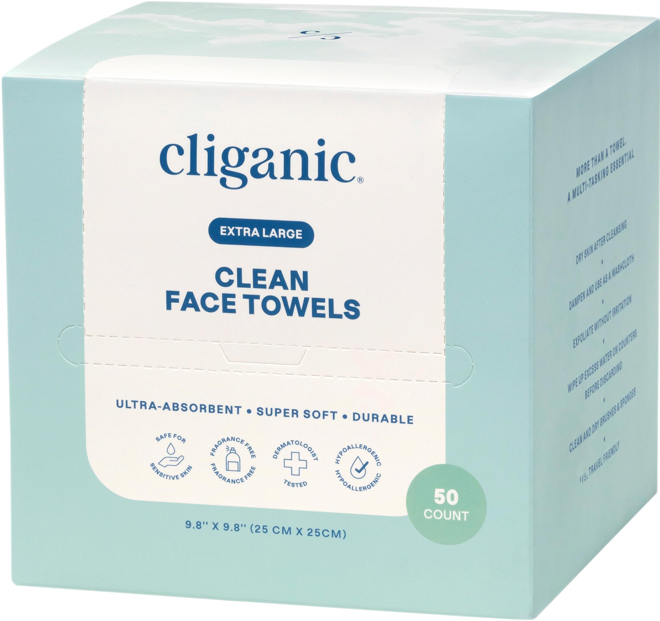 Cliganic toallitas faciales XL usos múltiples para desmaquillar y secar la piel.