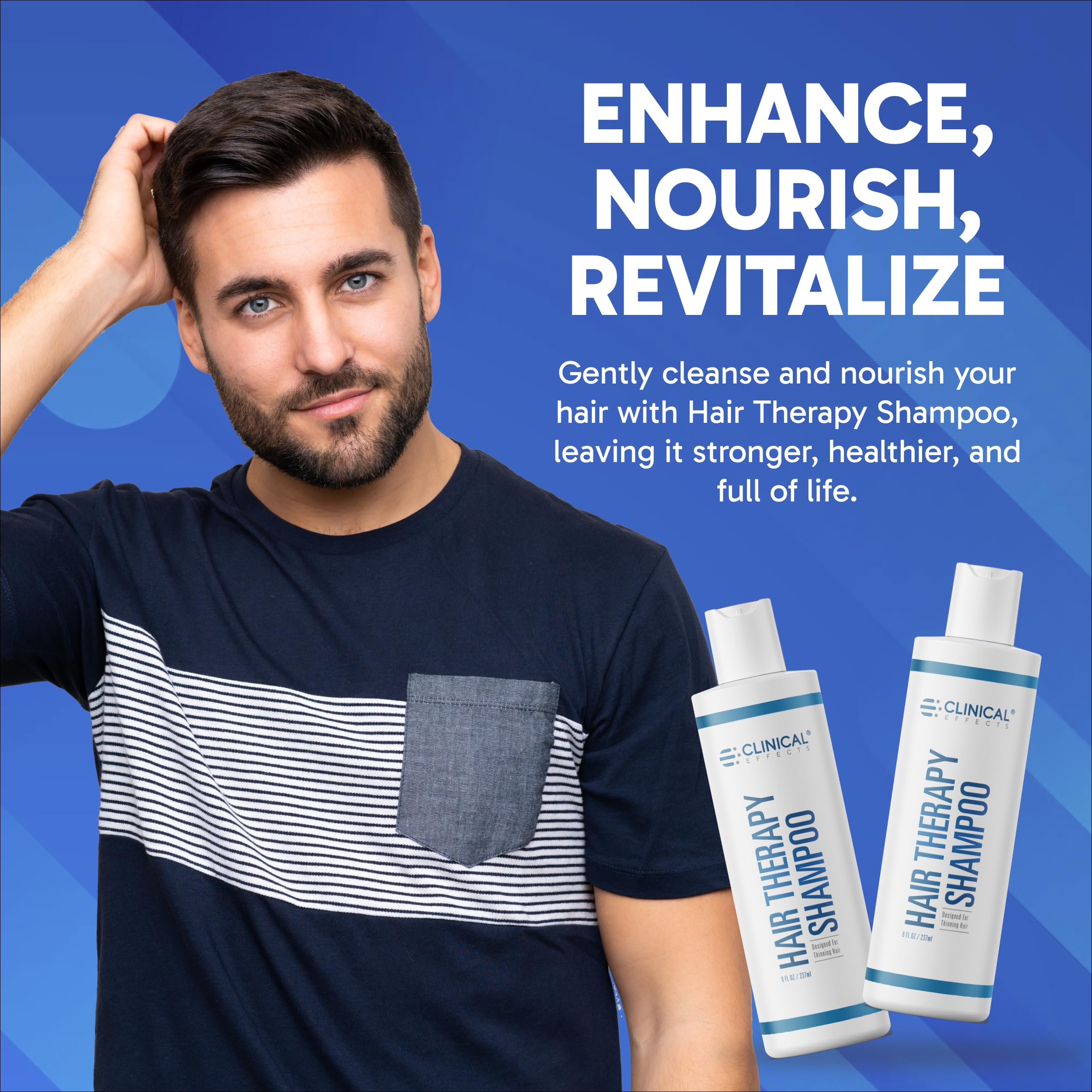 Étiquette du shampoing Clinical Effects montrant Biotine, Anagain et Baicapil pour soutien potentiel.