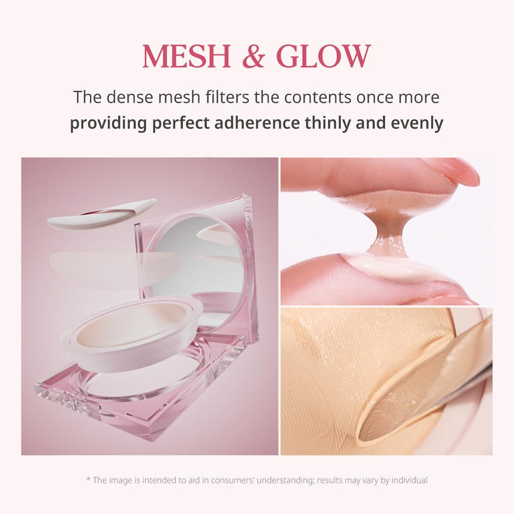 CLIO Kill Cover Mesh Glow Cushion, aplicación ligera para un acabado luminoso y natural.