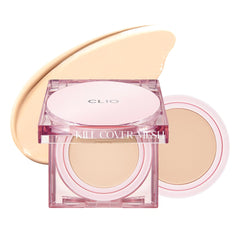 CLIO Kill Cover Mesh Glow Cushion, envase compacto para retoques rápidos durante el día.