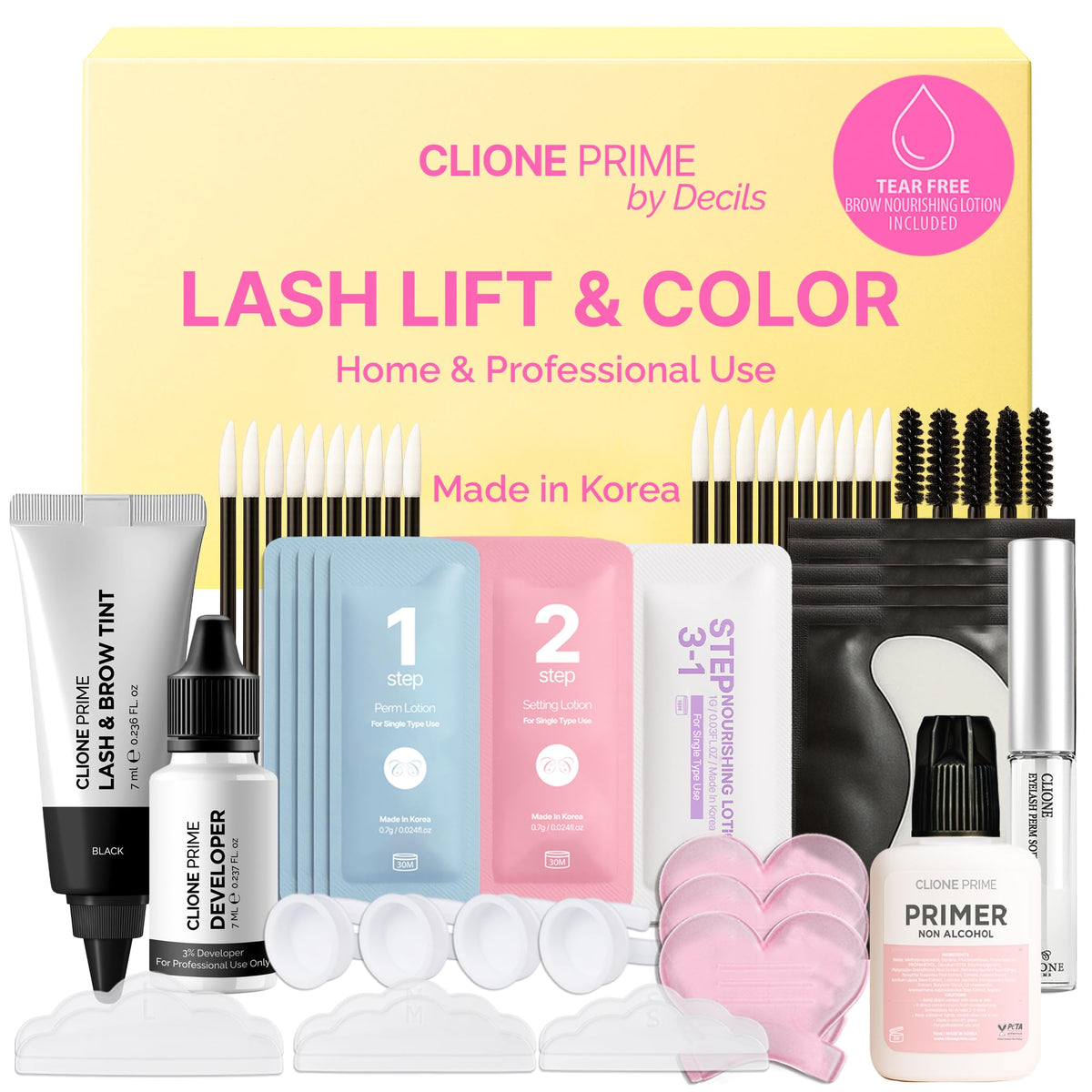 CLIONE PRIME: conjunto color pestanas-cejas; mezcla suave para inicio gradual.