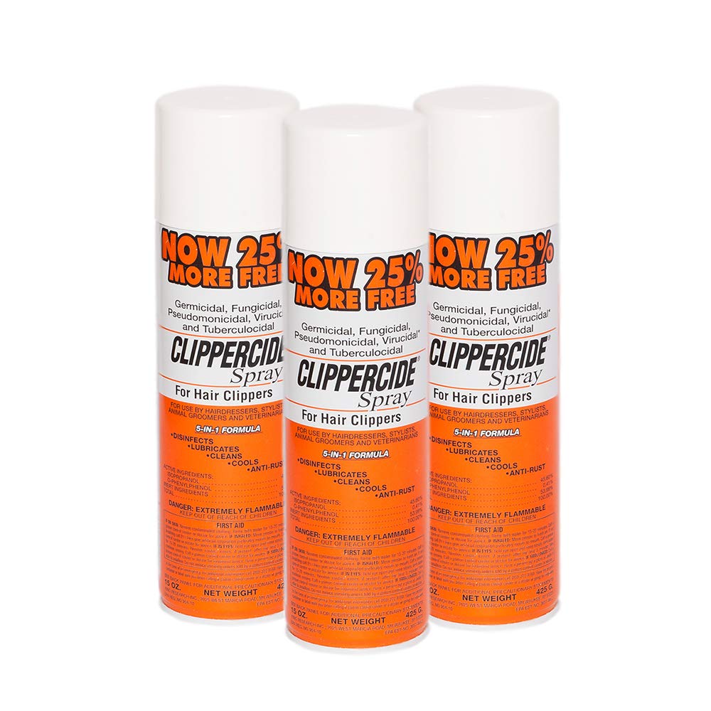 Clippercide Blade-Shield Ultra Clipper Care Spray used to disinfect and lubricate professional clipper blades.