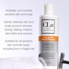 CLn 2-en-1 cuidado del cabello y piel sin irritantes.