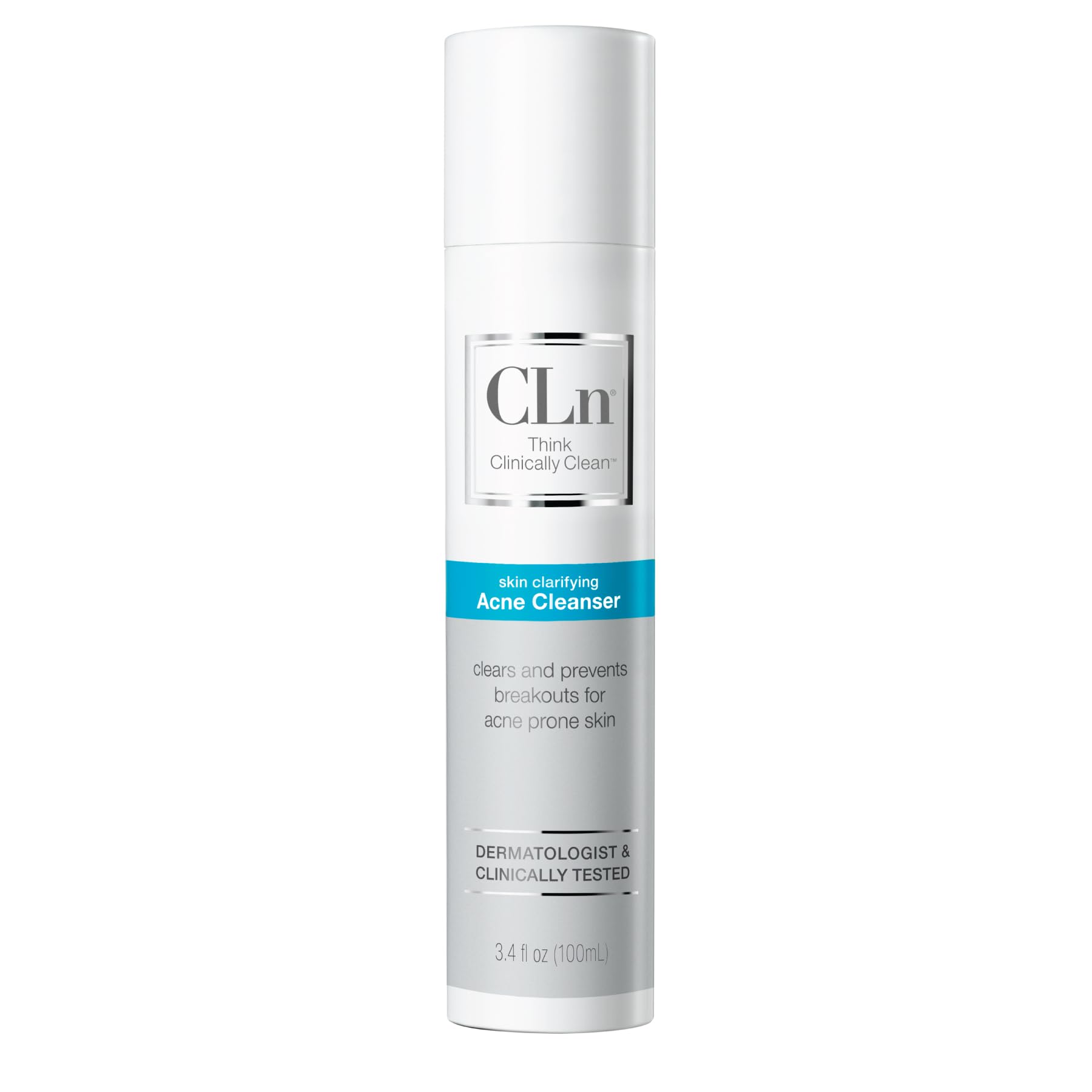 CLn Acne Cleanser botella frontal, control de grasa en piel propensa al acné.