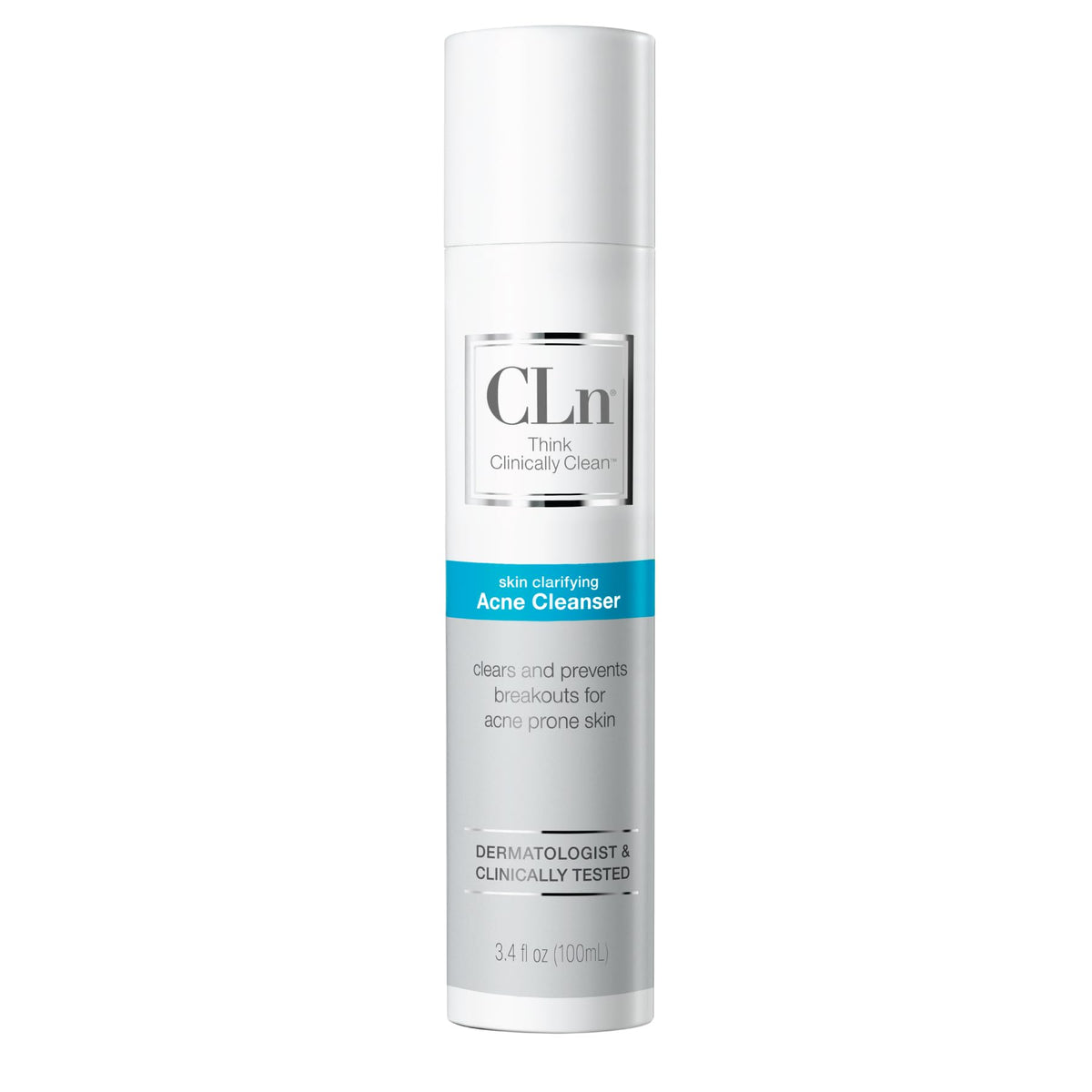 CLn Acne Cleanser botella frontal, control de grasa en piel propensa al acné.