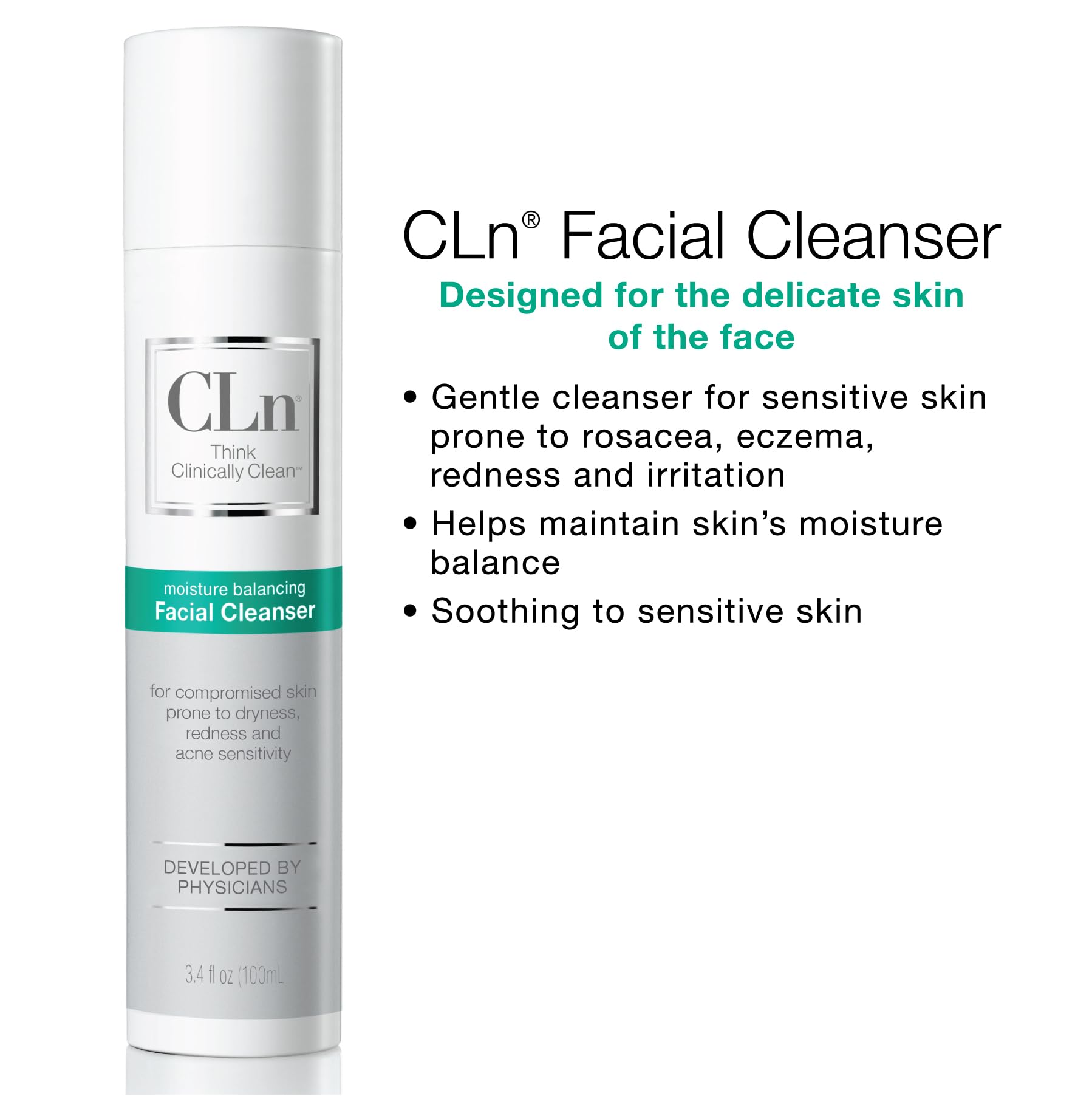 CLn Limpiador Facial: etiqueta sin fragancias para piel sensible y sin irritación.