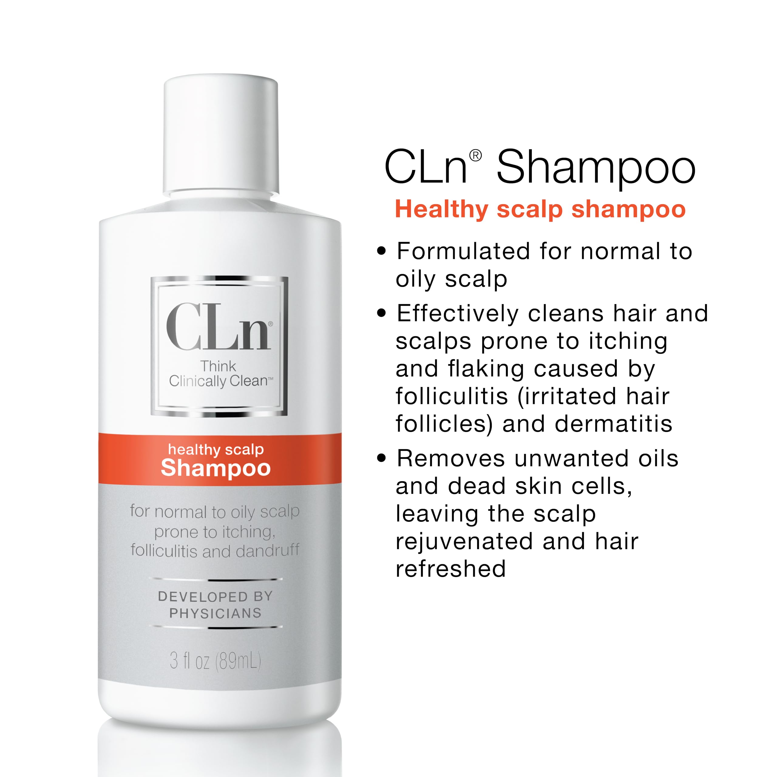 CLn Shampoo para barba y cabello, uso versátil sin irritantes.