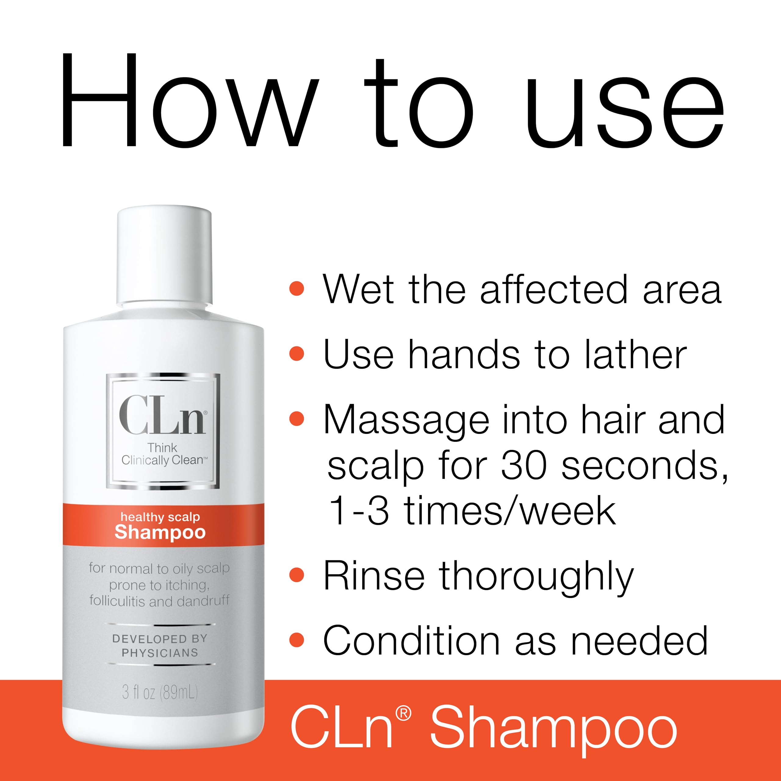CLn Shampoo anti caspa, cuidado para cuero cabelludo sensible sin fragancias.