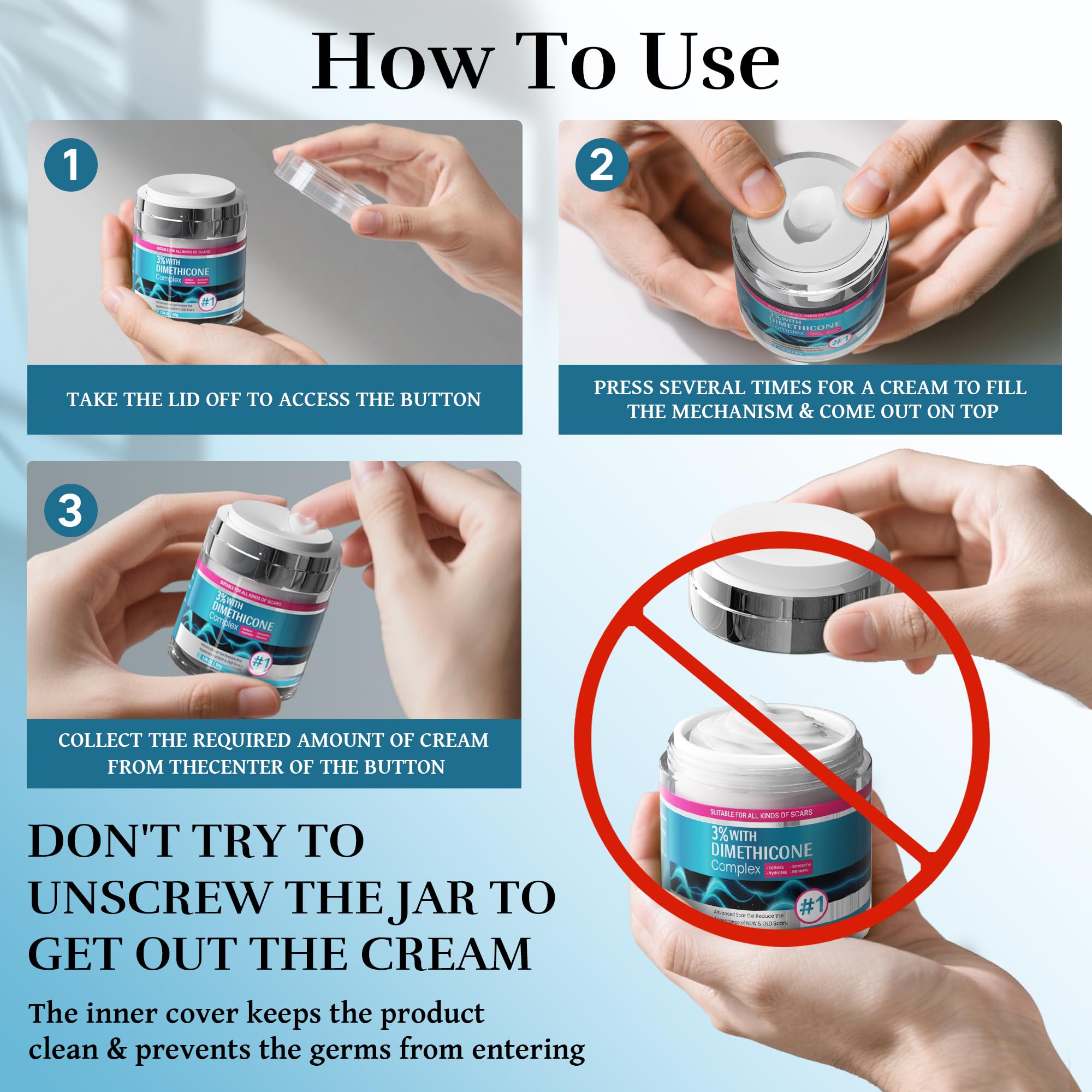 CLNABFR daily-use application image promotes routine skincare and scar maintenance