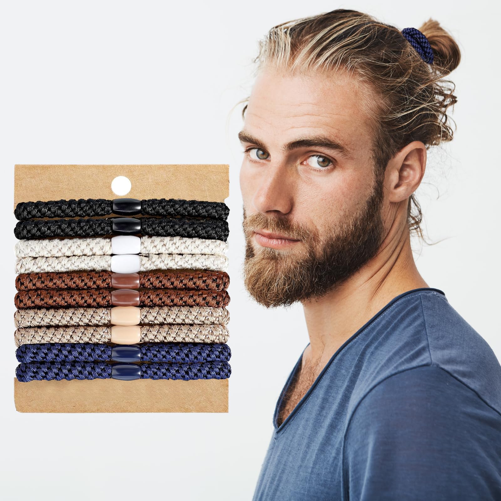 Las ligas Clofiak para cabello de hombres, diseño neutro, se integran con cualquier look.