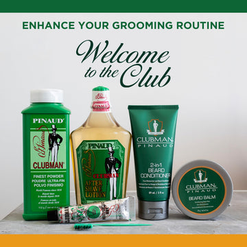 Envase clásico de Clubman Pinaud con diseño atemporal para grooming diario.