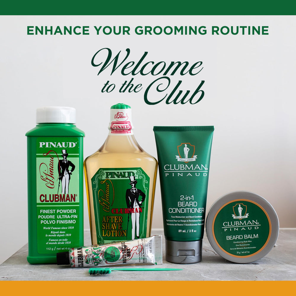 Envase clásico de Clubman Pinaud con diseño atemporal para grooming diario.