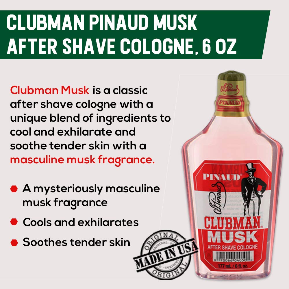 Clubman Pinaud Musk etiqueta clásica visible en la botella