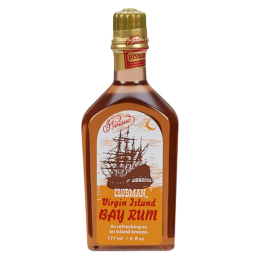 Clubman Pinaud Virgin Island Bay Rum, botella vertido, refresca la piel tras el afeitado.