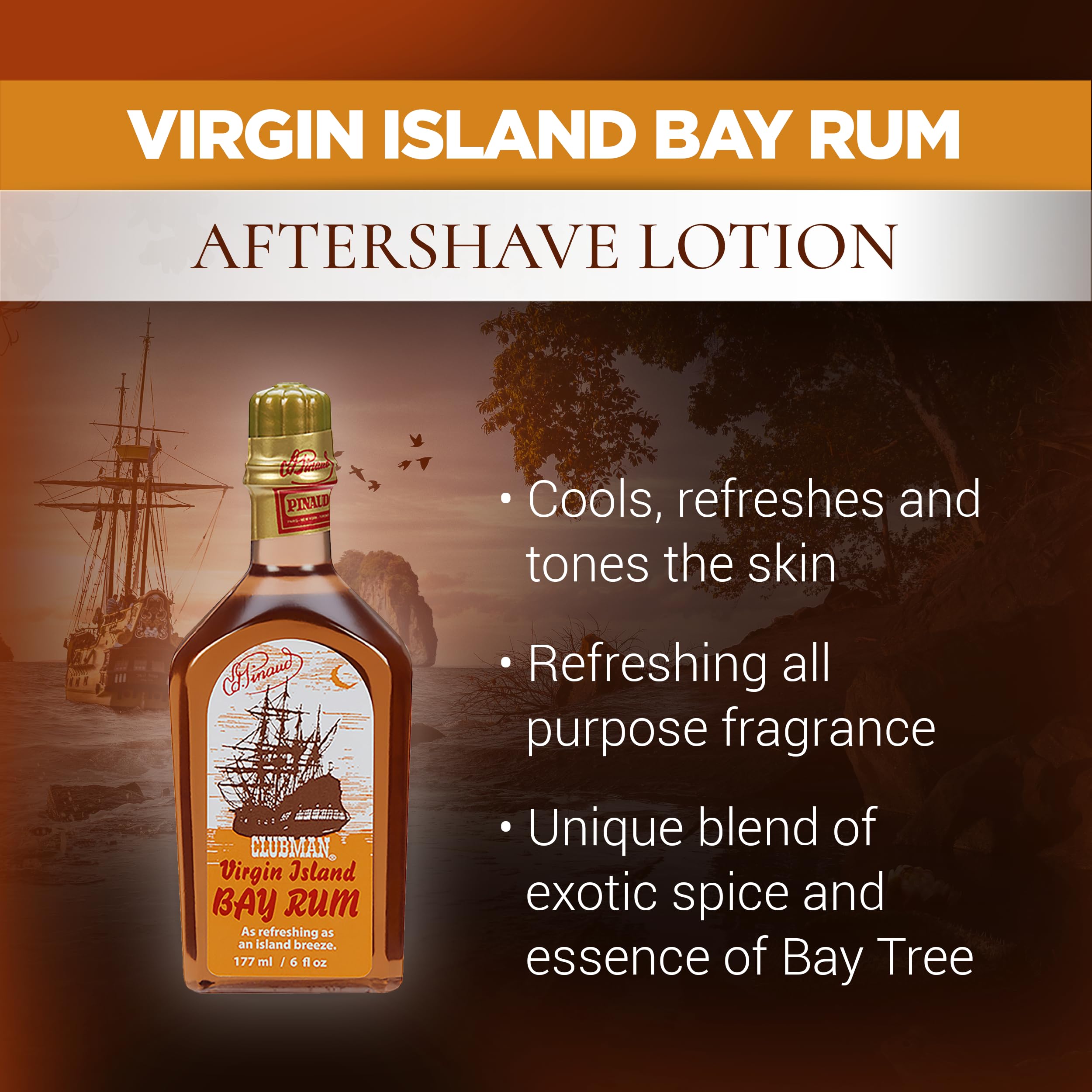 Clubman Pinaud Virgin Island Bay Rum, frasco de 6 oz, aroma masculino duradero.