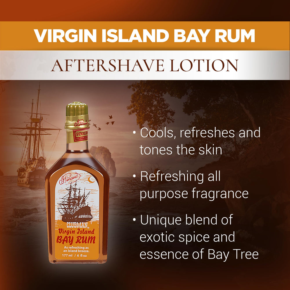 Clubman Pinaud Virgin Island Bay Rum, frasco de 6 oz, aroma masculino duradero.