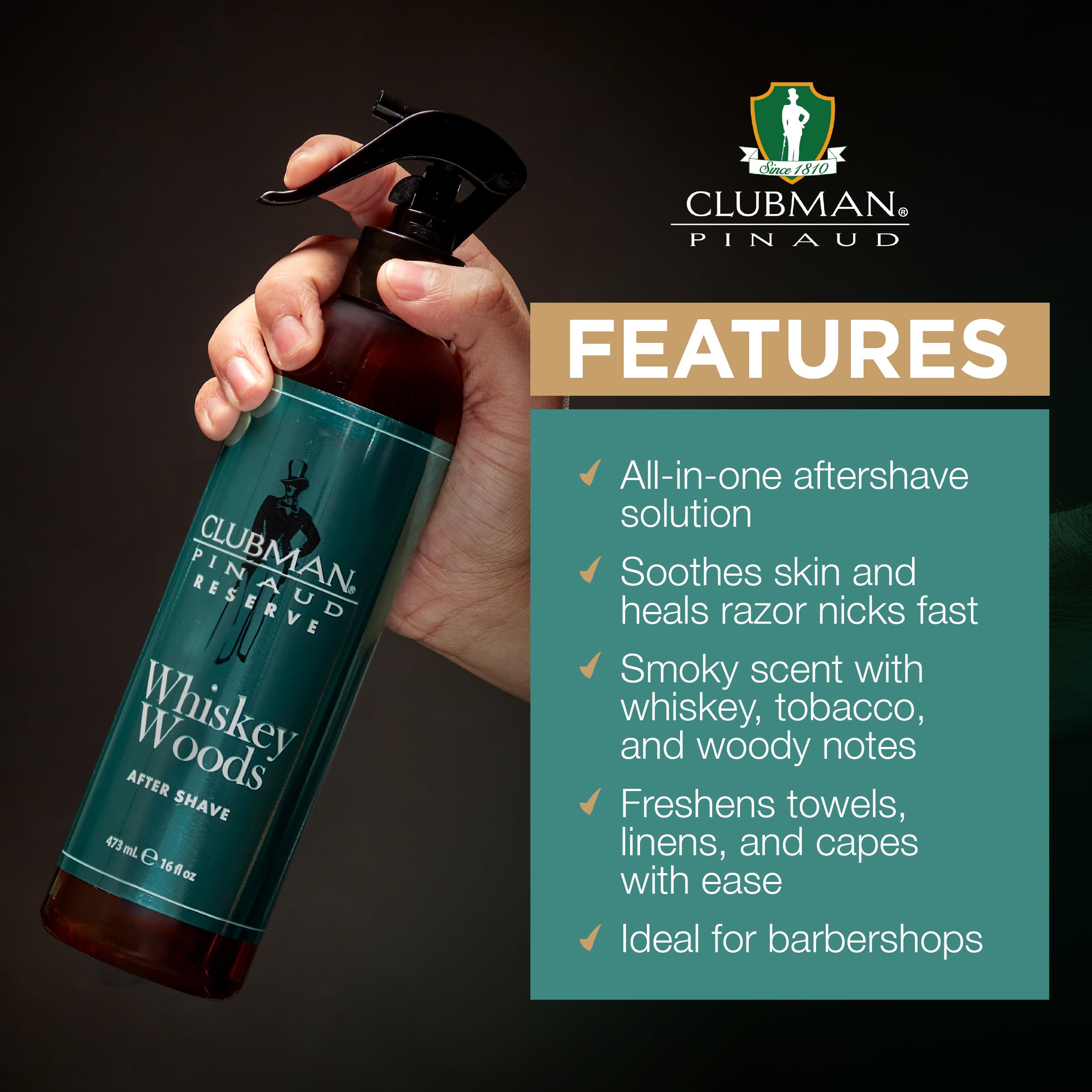 Clubman Reserve Whiskey Woods etiqueta detalle, diseño clásico y reconocible.
