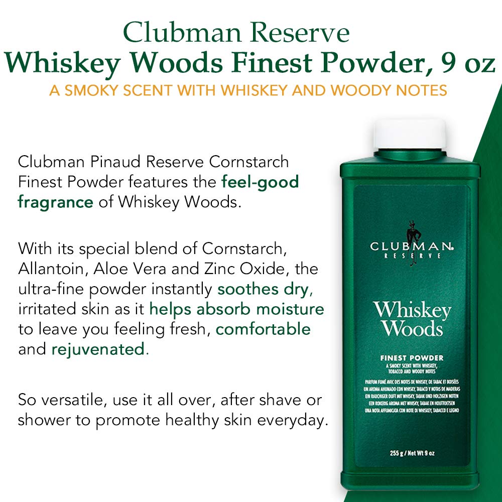 Clubman Reserve Whiskey Woods notas de tabaco y bergamota para aroma masculino.