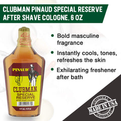 Clubman Special Reserve, notas de madera, aroma masculino clásico.