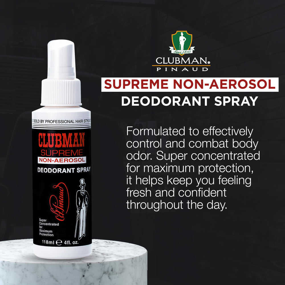 Clubman Supreme sin aerosol, etiqueta clara con información de uso diario.