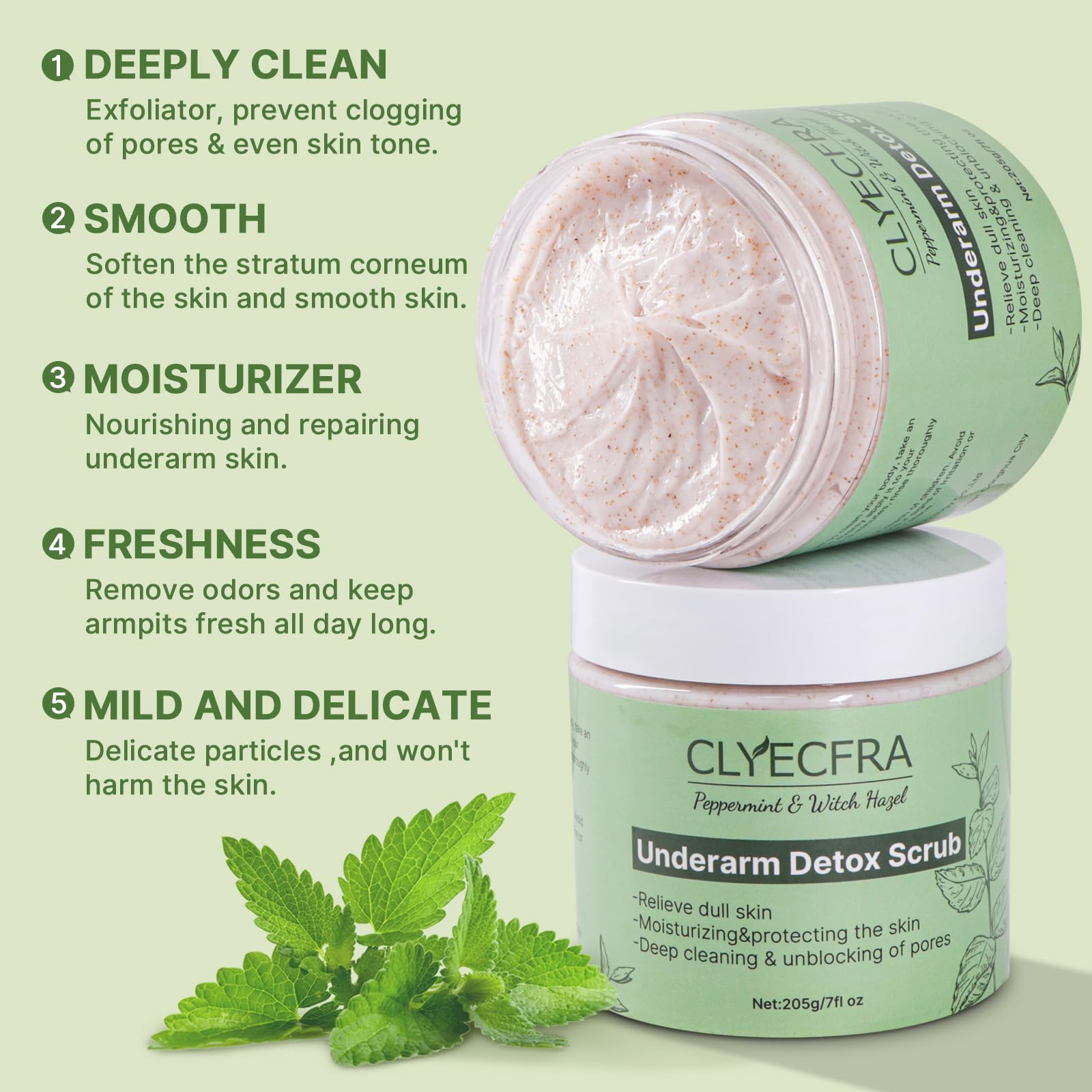 Clyecfra exfoliante de menta para codos, piel más suave y uniforme.