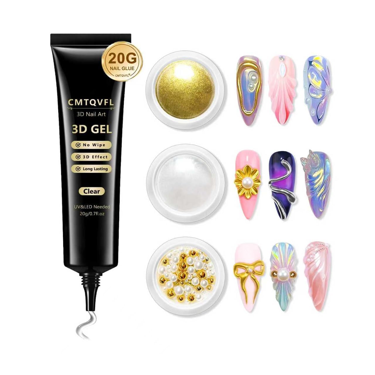CMTQVFL polvo oro cromo 3D para uñas, efecto espejo 4 en 1.