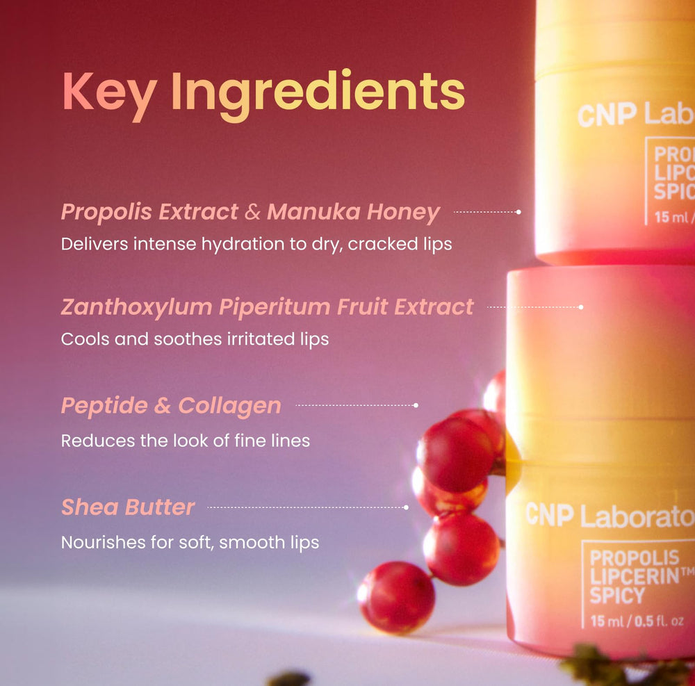 Ingredientes de propóleo y miel de Manuka en Lipcerin Propolis Menta para nutrición suave.