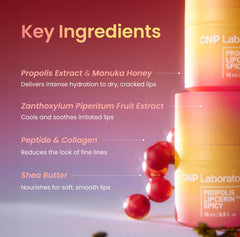 Ingredientes de propóleo y miel de Manuka en Lipcerin Propolis Menta para nutrición suave.